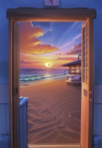 ghibli anime style, portrait of a small lifeguard hut on the beach, beautiful sunset over the ocean, full clouds in the sky, central symmetrical framing, vibrant color
