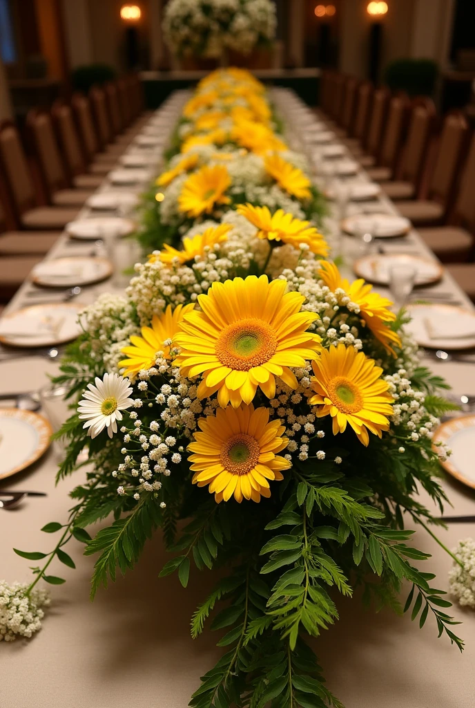 A large, lush flower arrangement for a table for an event with a yellow gerbera sunflower, a white and yellow daisy and a coludo