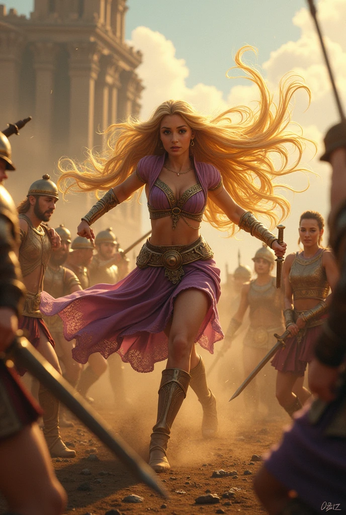 Rapunzel fighting in the battle of Troy, against the Trojans, killing us
