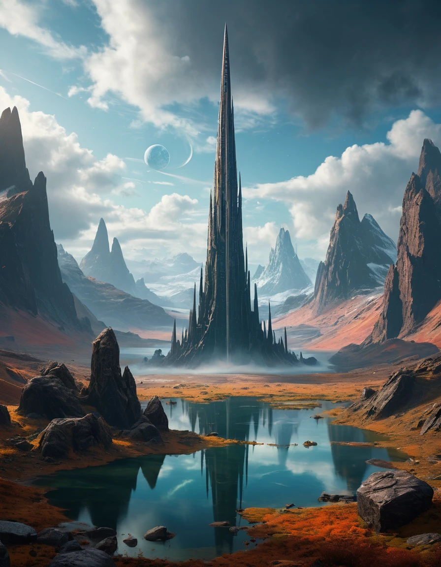 extremely detailed, landscape of an unknown planet, monolith, lake, cloudy weather, unreal engine 5, perfect composition, vibrant, rtx, hbao "In the middle of the Outlands, an impossibly tall needle of a mountain, the Spire, rises into the sky. Sigil floats above the apex of the Spire, barely visible from the ground, constructed on the inside of a massive stone torus. Attempts to ascend to the city by climbing or flight are futile, as are efforts to reach the top of the Spire"