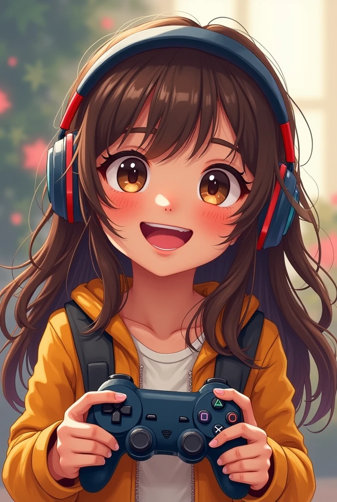 A beautiful and cute girl, young girl with long, wavy brown hair and tanned skin. She has brown light eyes. She is smiling brightly, showing his teeth. Gamer aesthetic outfit, holding a gamming joystick and with headphones. Joyful, Happy, Anime illustration, Realistic, oil