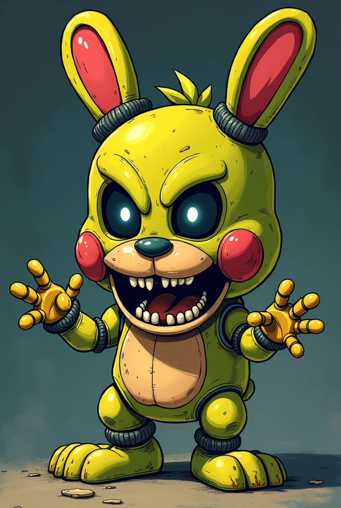 80's style anime drawing, general camera shot, springtrap fnaf, of a greenish yellow rabbit, humanoid, animatronic, with a very sinister expression, which the animatronic, who is waving worse has a macabre expression.
