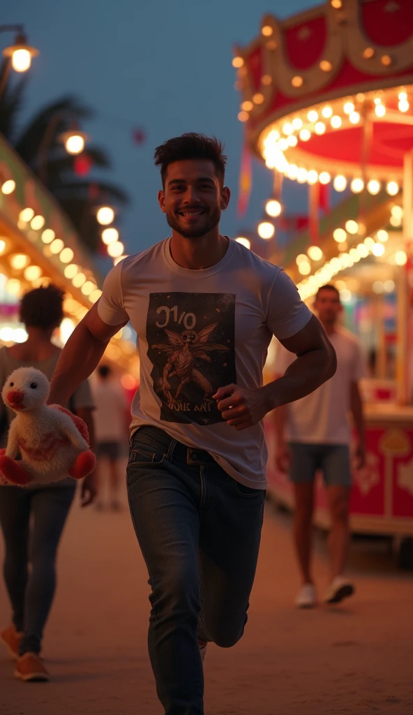 photorealistic, best quality, masterpiece, extremely detailed, sexy, homoerotic, extremely handsome, youthful, 25 year old muscular bruneian man, ((muscular bodybuilder)), ((massive thighs)), fitted graphic print tshirt, tight jeans, big smile, happy, holding out a stuffed rabbit toy with big floppy ears towards camera, running towards the camera, at funfair carnival, at midnight, ambient lighting, dramatic shadows, extremely romantic atmosphere, perfect face, perfect fingers, perfect hands, perfection