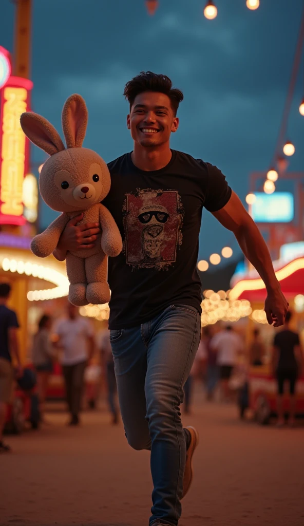 photorealistic, best quality, masterpiece, extremely detailed, sexy, homoerotic, extremely handsome, youthful, 25 year old muscular bruneian man, ((muscular bodybuilder)), ((massive thighs)), fitted graphic print tshirt, tight jeans, big smile, happy, holding out a stuffed rabbit toy with big floppy ears towards camera, running towards the camera, at funfair carnival, at midnight, ambient lighting, dramatic shadows, extremely romantic atmosphere, perfect face, perfect fingers, perfect hands, perfection