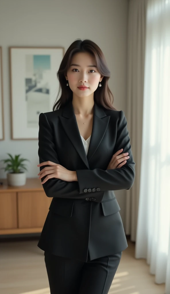 A woman in a skirt posing in a room, Tight clothing, Business services, Yoshitomo Nara, suitを着たまま, Korean women, suit, Japanese Goddess, Japanese Model, ゴージャスな若いKorean women, beautiful Korean women, Korean, wears tight and simple clothes, Business attire, 厳格なsuitを着て