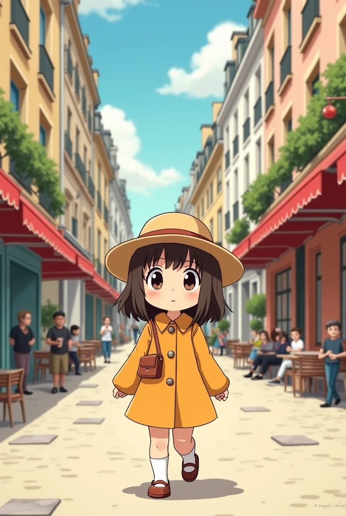Hayao Miyazaki style、Kawaii Design, most beautiful girl ever、chibi, (((walking))), Paris