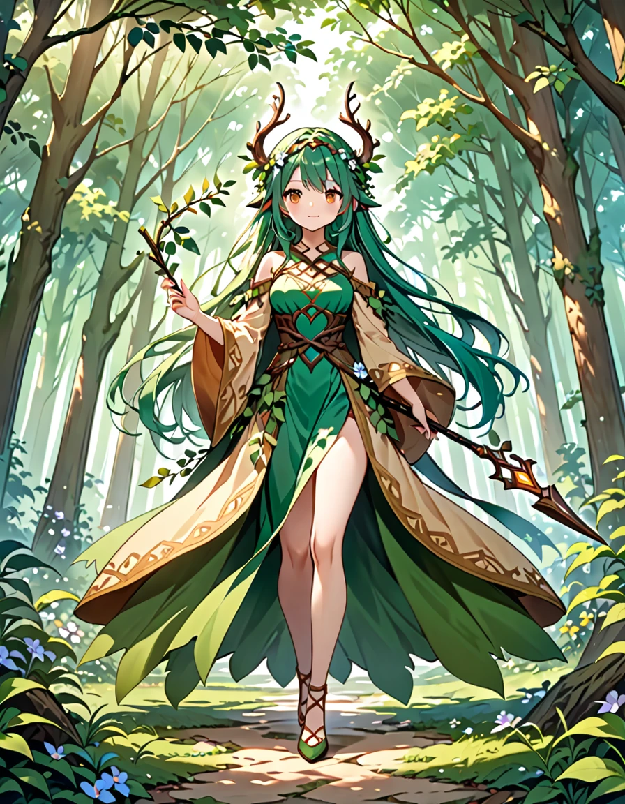 (((masterpiece, best quality, high detailed, 16k))) (1girl) A mystical forest guardian with flowing green hair and deep brown eyes that reflect the ancient wisdom of the woods. She is adorned in earthy tones of brown and green, with vines and leaves woven into her attire. Her staff is entwined with living branches and blooming flowers, and she is surrounded by a gentle aura of nature's magic. ((full body view))