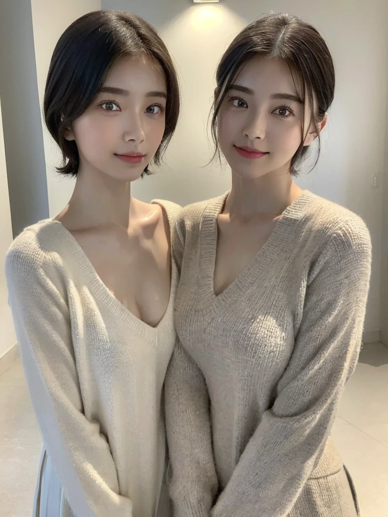 (masterpiece:1.3), (8k, Photoreal, Raw photo, best image quality: 1.4), Japanese high school girl、(random hairstyle:1.2)、cleavage:1.5、super detail face、eye for details、double eyelid、chest to chest、sharp focus:1.2、Beautiful woman:1.4、light brown hair、highest quality、masterpiece、超A high resolution、(Photoreal:1.4)、Highly detailed and professionally lit smiles、loose and light knitwear、shoulder out、thin、serious expression、short haired、deadly position
similar identical twins
All the girls have the exact same face, The two have the same face and figure, as if they were mirror images.
