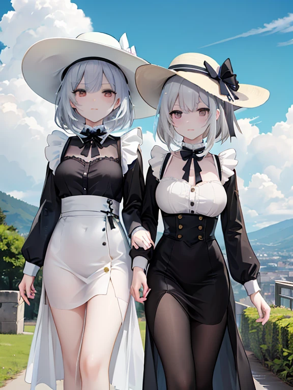 Pastel tones、High definition、Anime-like、Gentle Hills、High and blue sky、A shining white cumulonimbus cloud、（A wide-brimmed hat, silver hair, long skirt and cardigan）With the lady（Classical maid outfit）maid、Two women walking together