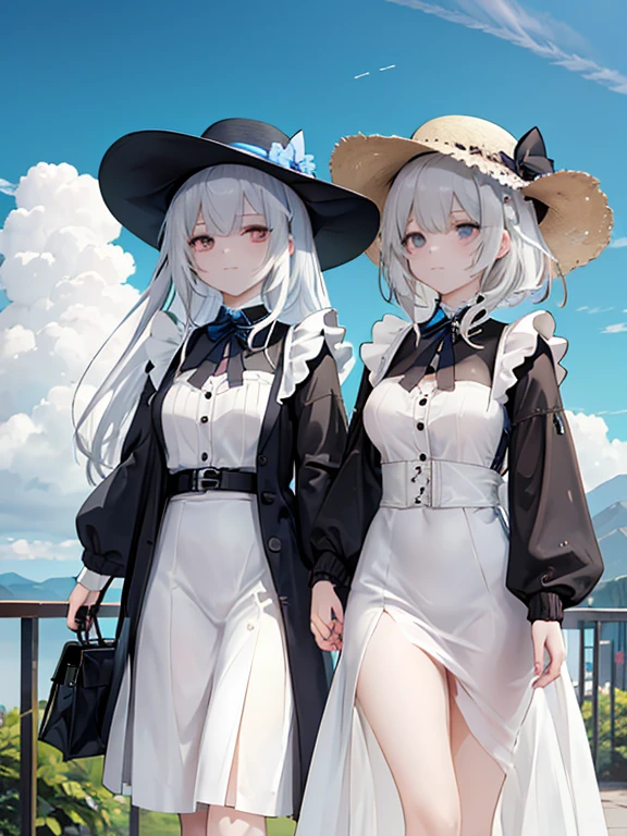 Pastel tones、High definition、Anime-like、Gentle Hills、High and blue sky、A shining white cumulonimbus cloud、（A wide-brimmed hat, silver hair, long skirt and cardigan）With the lady（Classical maid outfit）maid、Two women walking together