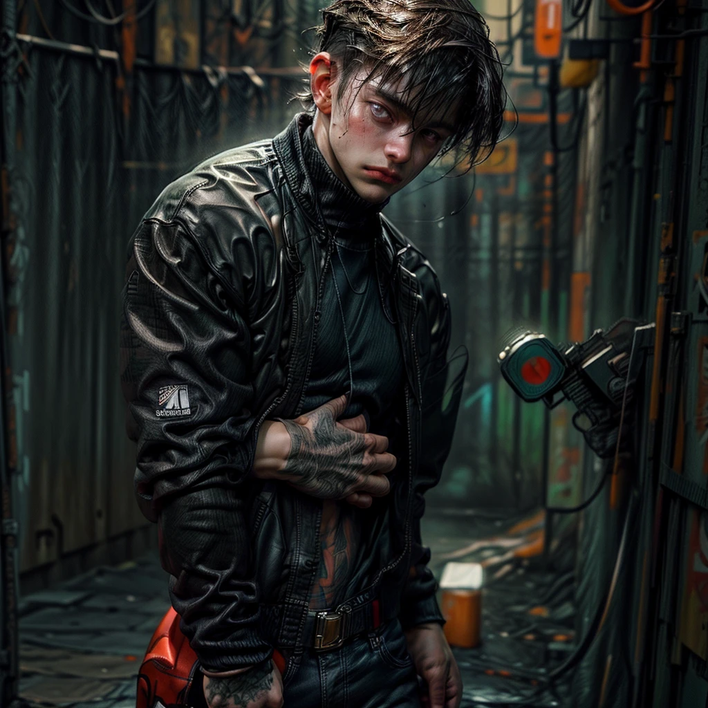 woman with short brown hair, green eyes, confident sensual smile, punk style haircut with shaved sides, tattoos, carrying Gatling gun, standing in dynamic and virile pose, punching with lean muscles, wearing petrol blue jacket, ammunition belt, gloves, mini shorts tattered, abandoned building background with junk, (best quality,4k,8k,highres,masterpiece:1.2),ultra-detailed,(realistic,photorealistic,photo-realistic:1.37),HDR,UHD,studio lighting,ultra-fine painting,sharp focus,physically-based rendering,extreme detail description,professional,vivid colors,bokeh,digital art,cyberpunk,neon,orange,cyan,green,brown