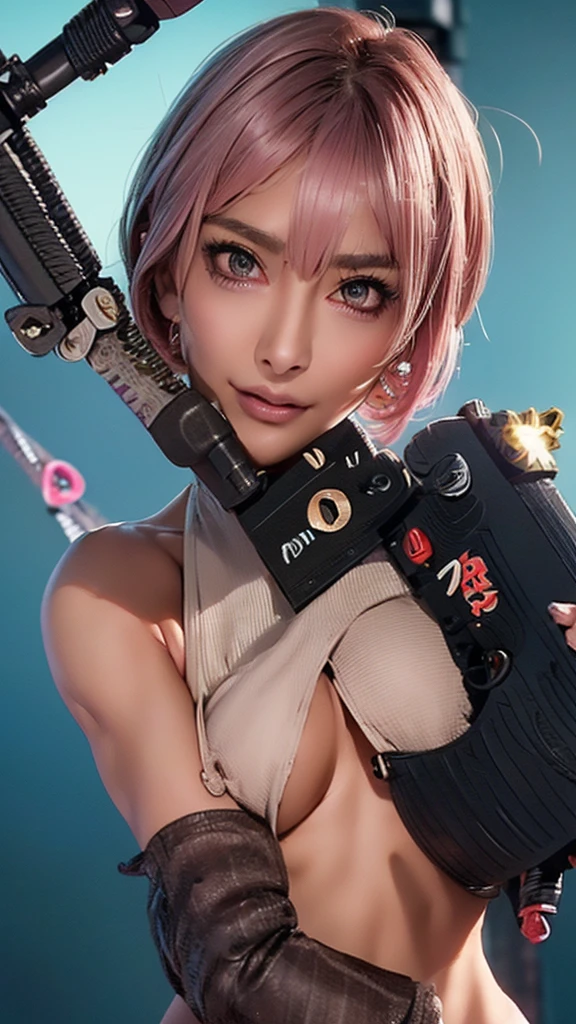 (Highest quality), Realistic, (live-action),(Short Hair,Sharp bangs)Showing off your crotch,Highest quality,Highest quality,8k images,Pink Hair,High heels,Small face,((Big Breasts))Leg spread、1 gun,(((Point the tip of your gun towards the camera:1.8))),Firing a gun,Highest quality32K