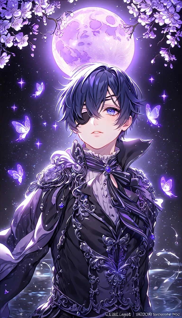 absurdres, highres, ultra detailed, HDR, master piece, best quality, extremely detailed, Ciel Phantomhive, dark blue hair, expressive blue eyes, black eye patch over the left eye, Kuroshitsuji, solo, sexy man, handsome, sensual, manly man, black clothes, fantasy, magical, shining, purple flowers, blossoms, water, purple petals, purple butterflies, sparkling, purple moon, starry sky