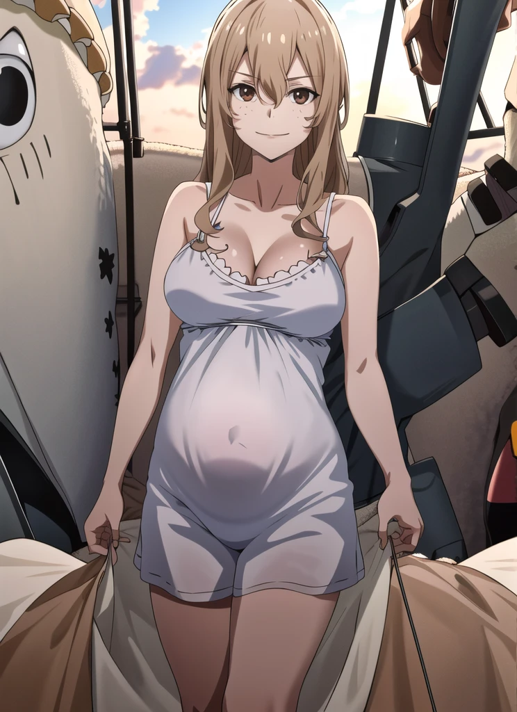 score_9, score_8_up, score_7_up, source_anime, best quality, clear face, 1girl, Clair Aoki, masterpiece, best quality, highres, aoki1, brown eyes, freckles, large breasts, bikini, shorts, cleavage, smile, looking at viewer, sky, standing, pregnant belly, huge belly, round belly, Belly button, Maternity nightgown, beach,