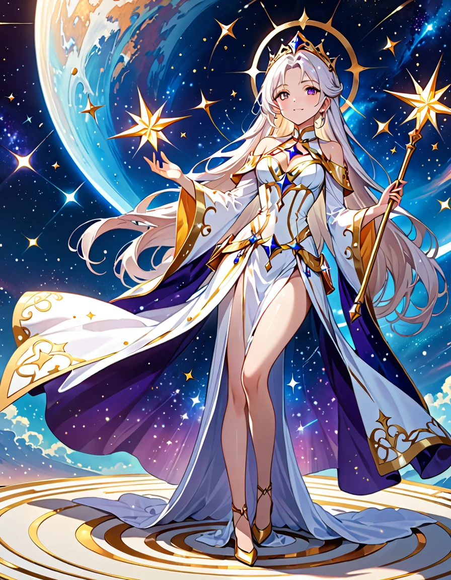 (((masterpiece, best quality, high detailed, 16k))) (1girl) A dazzling celestial priestess with flowing white hair that shimmers like stardust, and eyes that glow with the light of distant galaxies. She wears robes of deep purple and gold, decorated with star motifs and celestial symbols. She holds a staff crowned with a radiant star, and her presence is both ethereal and divine. ((full body view))
