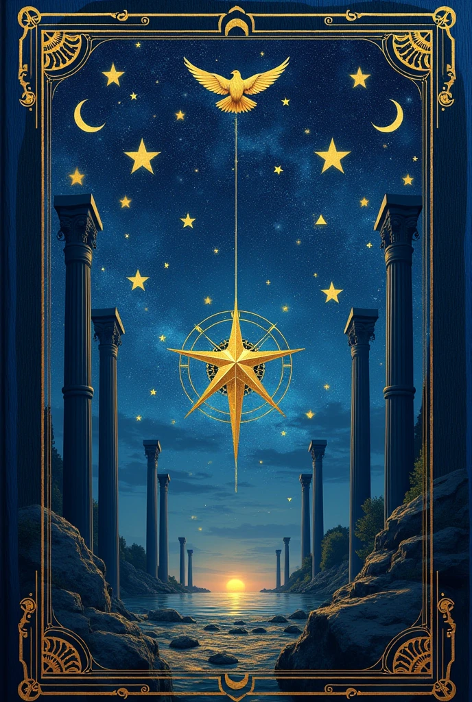 An indigo blue casing with yellow stars all over the cover with celestial towers, an ancient Greek clock symbol and an owl symbol in the picture  
Cover in novel