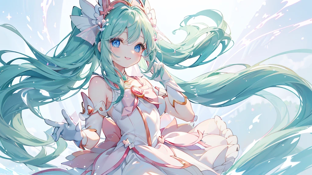 (Spread your hands), (((Highest quality、masterpiece、Ultra-fine、Ultra-fine、髪UP,Green Hair,Exquisite、whole body,Absolute area,dress,16K,cute,profile,The best smile,Full HD,)), ( ((summer,One person,かわいいMagical girl,)))Blue Eyes、Long eyelashes、White skin、(Pale pink lips、Pale pink cheeks、thin and long)、((かわいいMagical girl,The best smile)), (One person)) 、(blue sky)) 、 ((Magical girl)