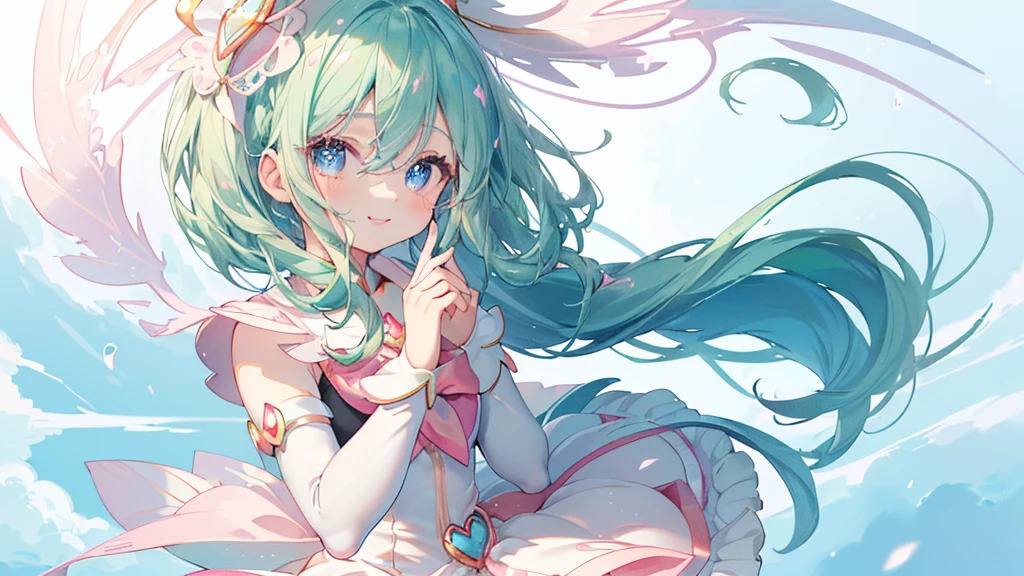 (Spread your hands), (((Highest quality、masterpiece、Ultra-fine、Ultra-fine、髪UP,Green Hair,Exquisite、whole body,Absolute area,dress,16K,cute,profile,The best smile,Full HD,)), ( ((summer,One person,かわいいMagical girl,)))Blue Eyes、Long eyelashes、White skin、(Pale pink lips、Pale pink cheeks、thin and long)、((かわいいMagical girl,The best smile)), (One person)) 、(blue sky)) 、 ((Magical girl)