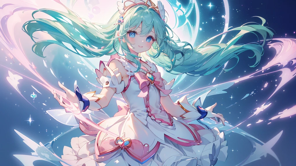 (Spread your hands), (((Highest quality、masterpiece、Ultra-fine、Ultra-fine、髪UP,Green Hair,Exquisite、whole body,Absolute area,dress,16K,cute,profile,The best smile,Full HD,)), ( ((summer,One person,かわいいMagical girl,)))Blue Eyes、Long eyelashes、White skin、(Pale pink lips、Pale pink cheeks、thin and long)、((かわいいMagical girl,The best smile)), (One person)) 、(blue sky)) 、 ((Magical girl)