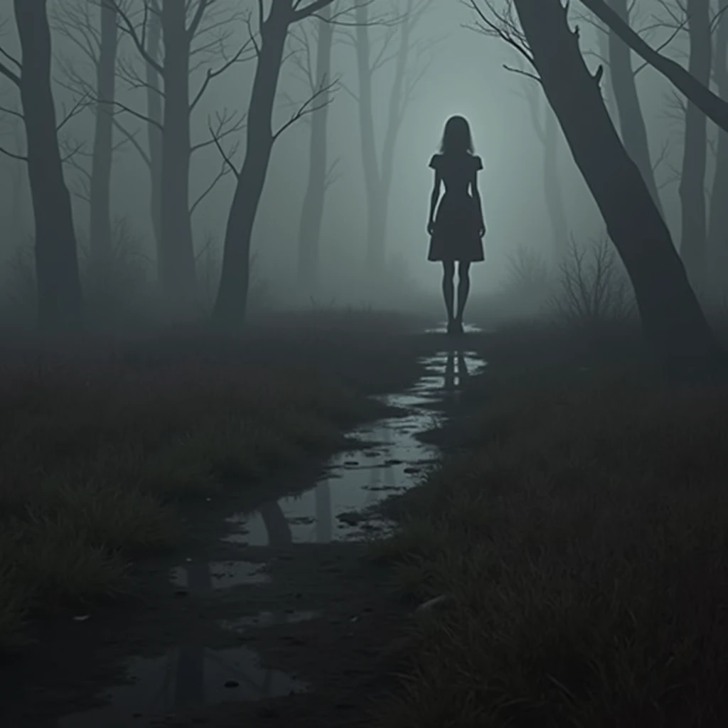 solitary girl standing at the edge of a dark, fog-covered forest, her back to the viewer. The shadows around her are filled with faint, ominous shapes, hinting at the hidden dangers lurking in the darkness. The color palette is muted, with deep blues, purples, and blacks creating an eerie, otherworldly atmosphere.