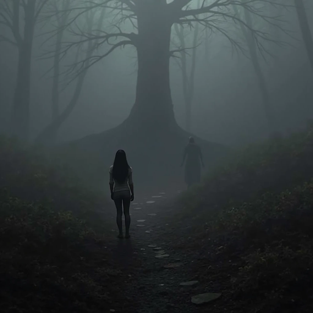 solitary girl standing at the edge of a dark, fog-covered forest, her back to the viewer. The shadows around her are filled with faint, ominous shapes, hinting at the hidden dangers lurking in the darkness. The color palette is muted, with deep blues, purples, and blacks creating an eerie, otherworldly atmosphere.