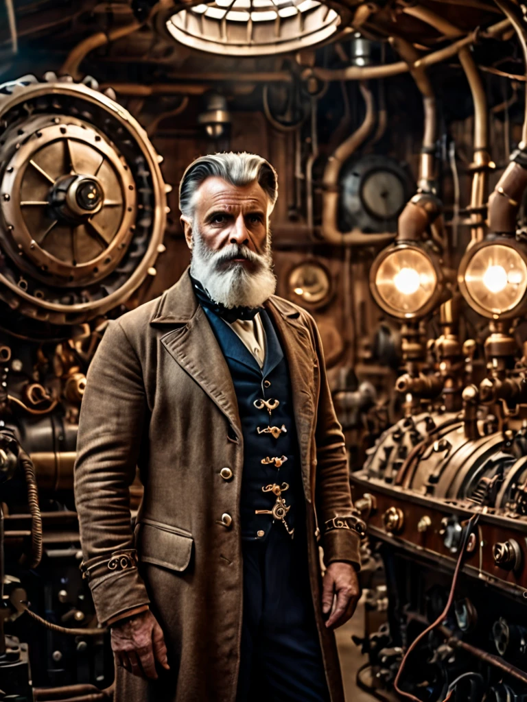 Photo focused on man, indoor, Realistic landscape, (Captain Nemo:1.1), Retro-future, Under repair in the workshop, electricity, Steampunk Nautilus Style. Very wide shot, Character Photography Portrait, movie, Professional, 4K