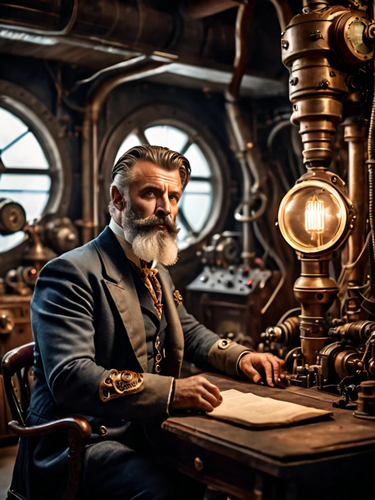 Photo focused on man, indoor, Realistic landscape, (Captain Nemo:1.1), Retro-future,  Under repair in the workshop,  electricity, Steampunk Nautilus Style. Very wide shot, Character Photography Portrait, movie, Professional, 4K