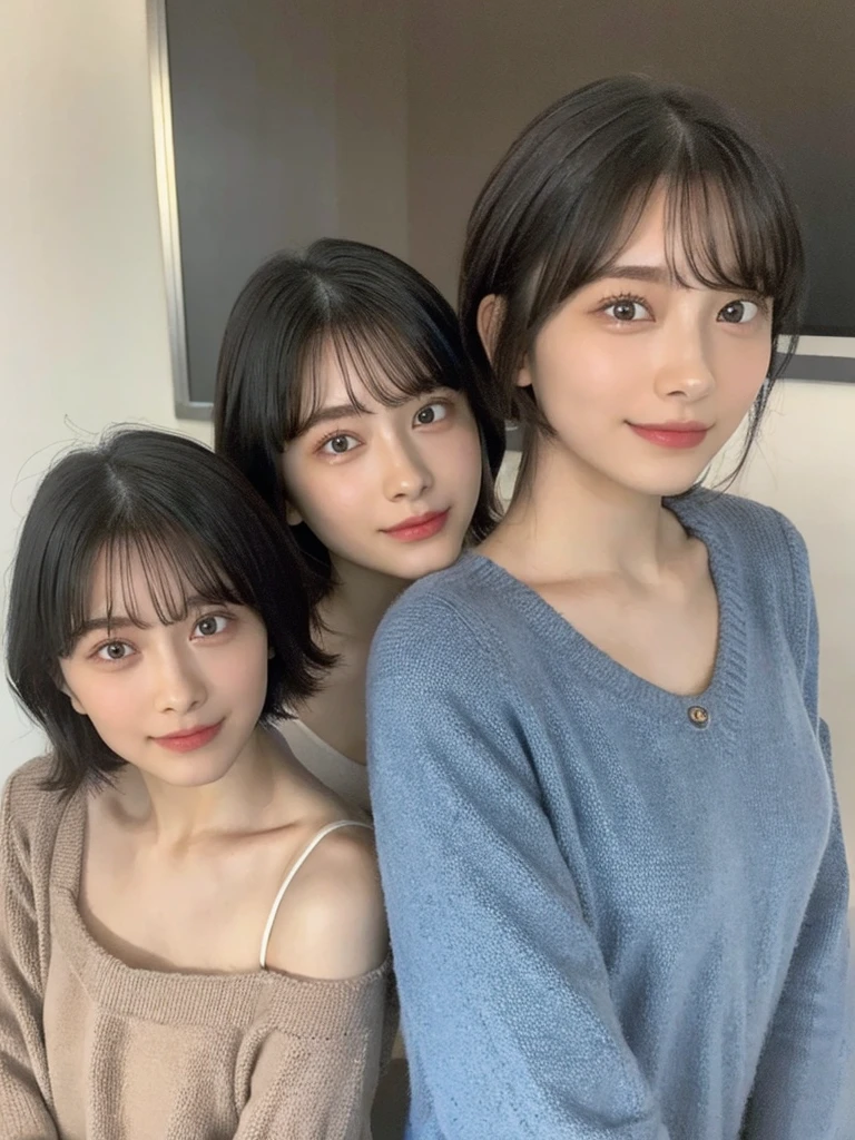 (masterpiece:1.3), (8k, Photoreal, Raw photo, best image quality: 1.4), Japanese high school girl、(random hairstyle:1.2)、cleavage:1.5、super detail face、eye for details、double eyelid、chest to chest、sharp focus:1.2、Beautiful woman:1.4、light brown hair、highest quality、masterpiece、超A high resolution、(Photoreal:1.4)、Highly detailed and professionally lit smiles、loose and light knitwear、shoulder out、thin、serious expression、short haired、deadly position
similar identical twins
All the girls have the exact same face, The two have the same face and figure, as if they were mirror images.