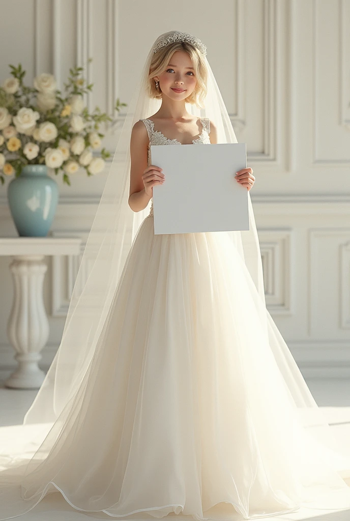 Beautiful girl with blonde short hair, wedding dress, white skin, holding a white board with text "I Love Syaipul" and showing it to the viewer