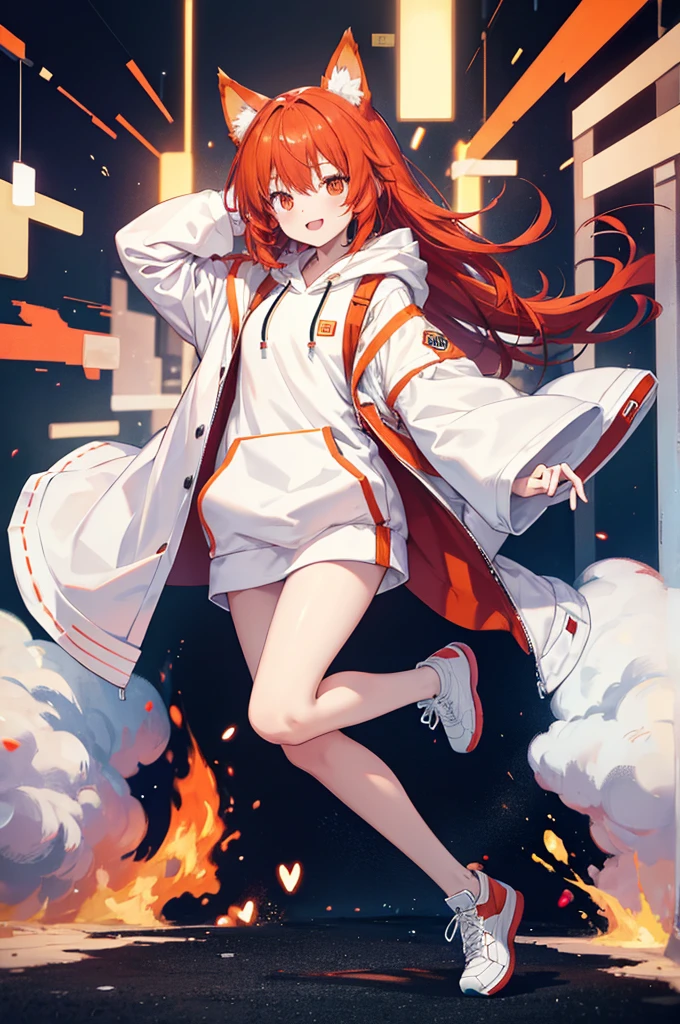 Full body portrait，Man Red Hair，Orange Eyes，Dog ears，，About，White hoodie outfit，Mouth open，smile，Moe sleeves，Pause