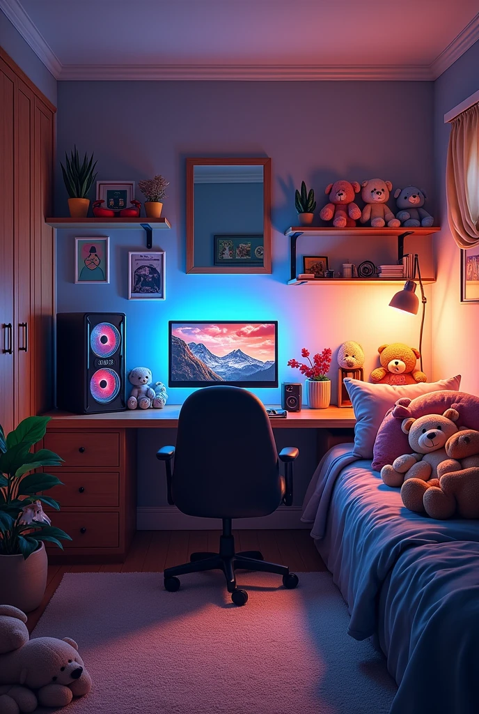 Image of a room with a gamer PC where you can see a bed, cupboard, mirror, nightstands, a carpet and stuffed animals