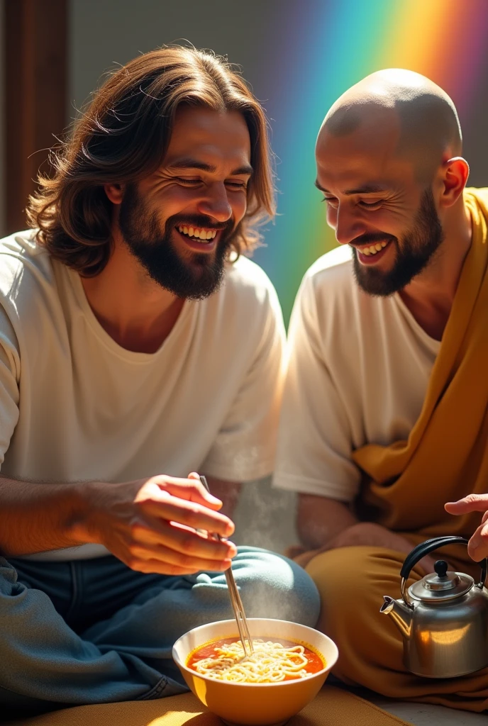 Viewed diagonally from above. Jesus Christ and a Japanese man eating cup ramen on tatami. They smile happily with wise and benevolent faces. they are shining. Surrounded by rainbow-colored light. Japanese-style room. Jesus and Buddha are wearing white T-shirts and jeans. Jesus of Nazareth is depicted as a gentle, gentle man with shoulder-length hair. His wavy brown hair flows over his shoulders. His face conveys deep wisdom and empathy, radiating warmth and understanding. The other man is depicted as a kind-hearted Japanese man with a Buddha-like shaved head and a gentle, cheerful expression. The Japanese man's face conveys deep wisdom and empathy, exuding warmth and understanding. He pours hot water from the kettle into a cup of ramen and it's steaming. Photography, close-up, highly detailed, trending at the art station, sharp focus, studio shot, intricate details, Greg Rutkowski,