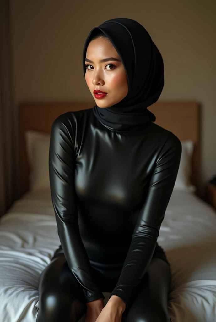 (Photography)(dynamic) Show a female Malay, wearing latex bodysuit, satin hijab, sitting on bedroom. Sexy.