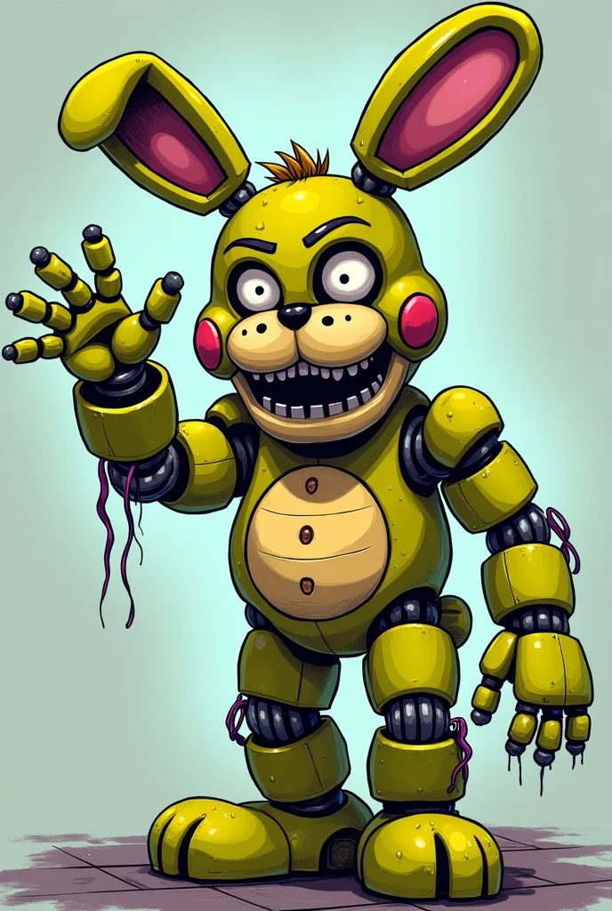 80's style anime drawing, general camera shot, springtrap fnaf, of a greenish yellow rabbit, humanoid, animatronic, with a very sinister expression, which the animatronic, who is waving worse has a macabre expression.