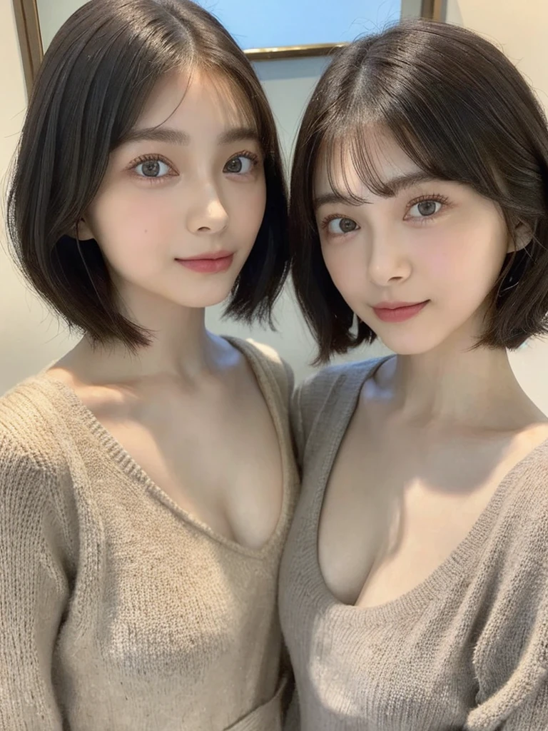 (masterpiece:1.3), (8k, Photoreal, Raw photo, best image quality: 1.4), Japanese high school girl、(random hairstyle:1.2)、cleavage:1.5、super detail face、eye for details、double eyelid、chest to chest、sharp focus:1.2、Beautiful woman:1.4、light brown hair、highest quality、masterpiece、超A high resolution、(Photoreal:1.4)、Highly detailed and professionally lit smiles、loose and light knitwear、shoulder out、thin、serious expression、short haired、deadly position
similar identical twins
All the girls have the exact same face, The two have the same face and figure, as if they were mirror images.