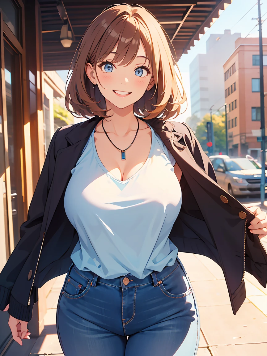 [nakano miku, brown hair, hair between eyes, blue cardigan, headphones, (((black pantyhose)))], 1girl, anime girl, anime, girl, 2d girl, 16y, (fullbody), blue eyes, smile, blush, cleavage, Solo, Slim, Big breasts, large Breasts, sfw, cowboy shot, Tight Shorts, low waist shorts, upshorts, outdoors, night background, looking at viewer, darker shadows, (((shorts))), (((thigh gap))), (((lowleg shorts))),