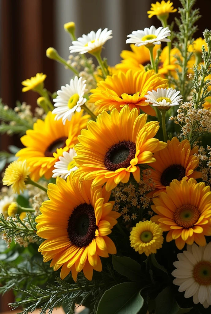 A lush flower arrangement for the day of the Assumption with sunflower, yellow gerbera, white and yellow daisy and coludo