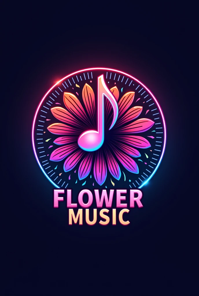A logo musical note center and flower and pattern around. Background Neon and text “ FLOWER MUSIC font cool