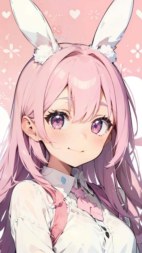 Highest quality, cute, pastel colour, Fluffy white bunny ears, smile,Pink hair Pink eyes,Background is solid color,pop、colorful,wallpaper style,Peeking out from the corner of the screen