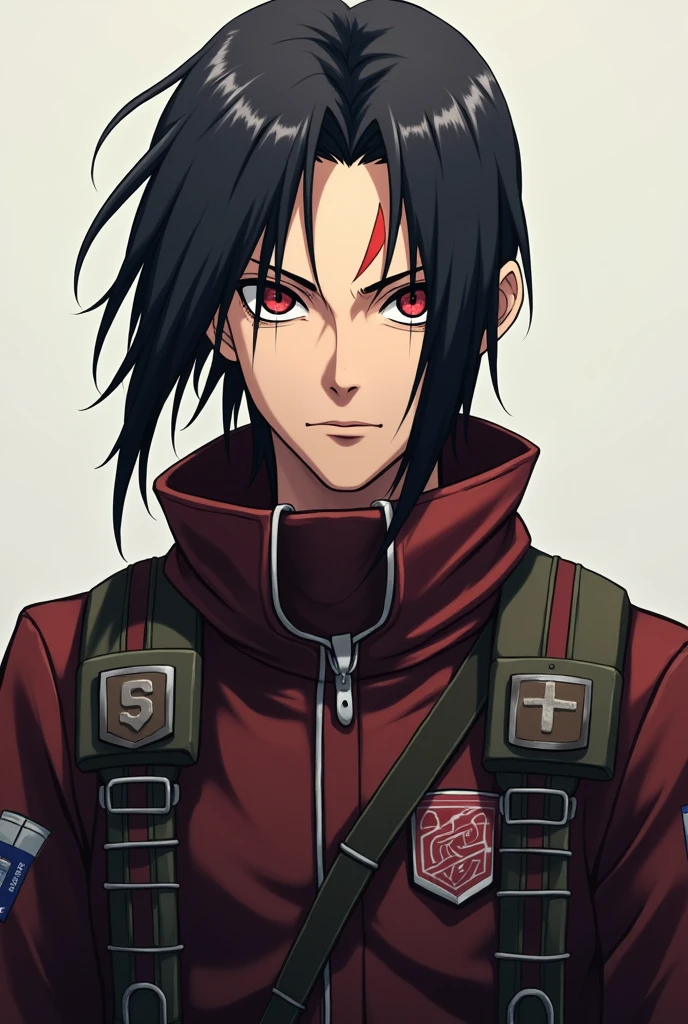 Character Itachi Uchiha from the anime Naruto if he were in the Attack On Titan anime with 2D features, full face from the front with the reconnaissance uniform from the front with the characteristics of the Naruto anime from the front without the Akatsuki cloak