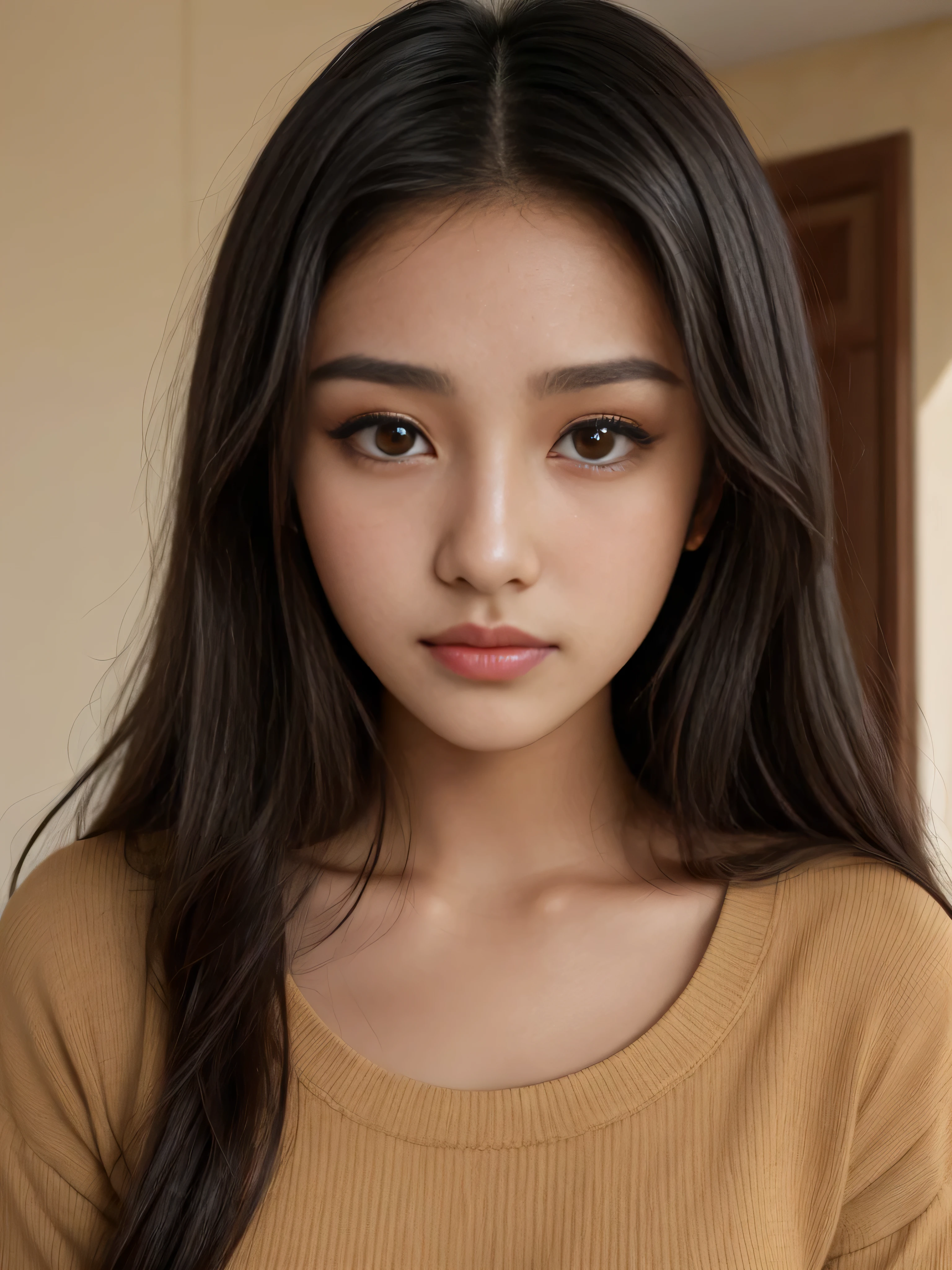 Portrait of a beautiful woman, , light Mediterranean tanned skin, extremely long black hair, dark brown eyes, round nose, thin lips, circular face, loose blouse, long sleeves, expressionless, sleepy,