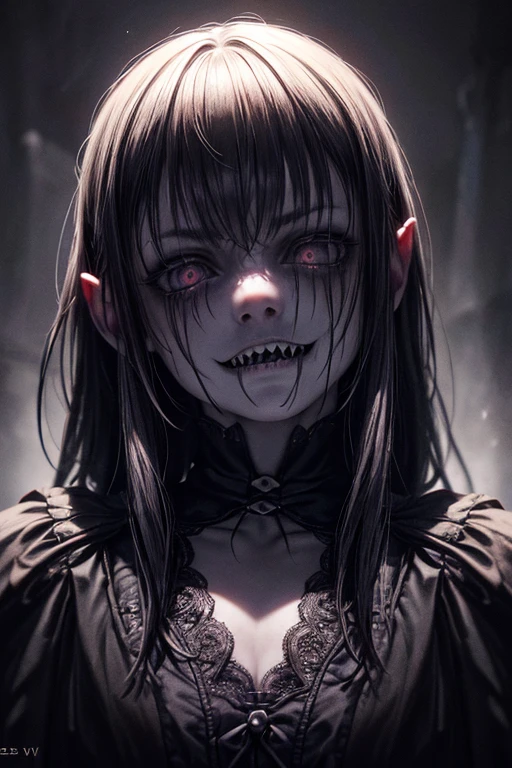 a  bogieman girl, creepy detailed facial features, long sharp teeth, dark shadowy eyes, sinister smile, dark mysterious background, dark eerie atmosphere, dark lighting, dramatic chiaroscuro lighting, dark fantasy, gothic, horror, (best quality,4k,8k,highres,masterpiece:1.2),ultra-detailed,(realistic,photorealistic,photo-realistic:1.37)