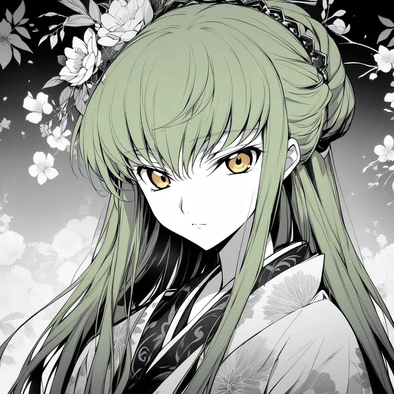Beautiful anime portrait,Black gray monochrome，Oriental Wallpaper，pink，Feel，very anime style，1girl, c.c., code geass，Flowers，close up，Soft Light，Rich in details，The expression is firm，Kimono decoration，Background blur，鲜艳的颜Feel深沉，front，Yellow eyes，Green Hair