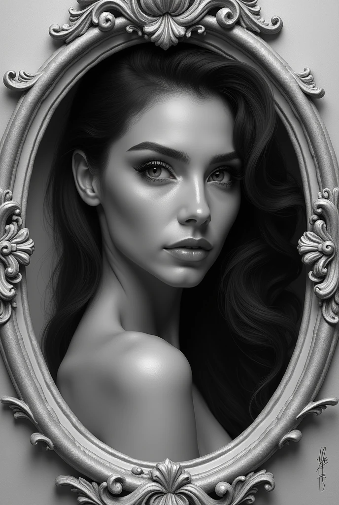 Exotic beauty ,in black and white, gorgeous face,artwork and realistic frame 
