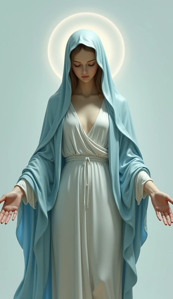 A young and beautiful Virgin Mary with open arms and downcast eyes looking down、((nude:1.5))、Light blue cloak and veil