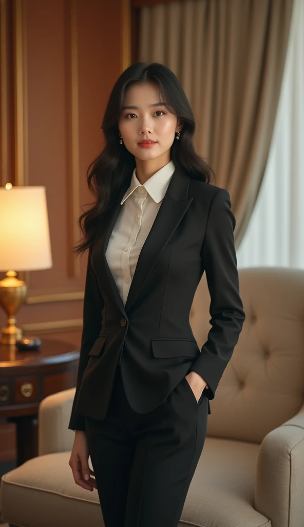 A woman in a skirt posing in a room, Tight clothing, Business services, Yoshitomo Nara, suitを着たまま, Korean women, suit, Japanese Goddess, Japanese Model, ゴージャスな若いKorean women, beautiful Korean women, Korean, wears tight and simple clothes, Business attire, 厳格なsuitを着て