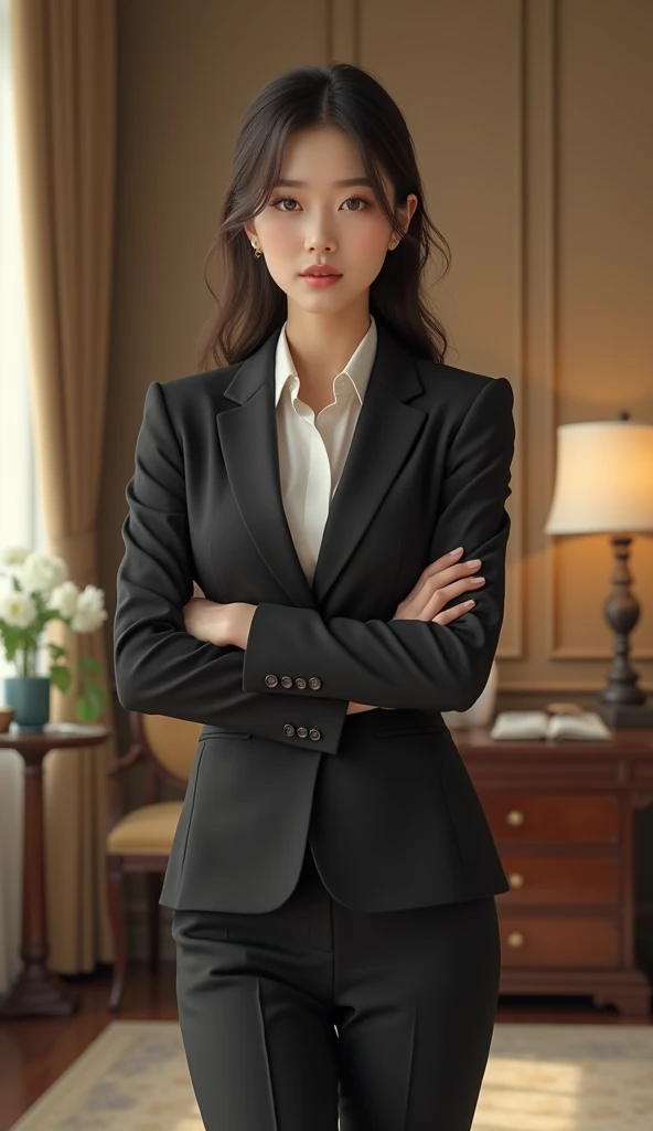 A woman in a skirt posing in a room, Tight clothing, Business services, Yoshitomo Nara, suitを着たまま, Korean women, suit, Japanese Goddess, Japanese Model, ゴージャスな若いKorean women, beautiful Korean women, Korean, wears tight and simple clothes, Business attire, 厳格なsuitを着て