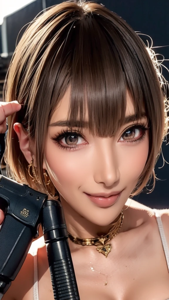 (Highest quality), Realistic, (live-action),(Short Hair,Sharp bangs)Showing off your crotch,Highest quality,Highest quality,8k images,Pink Hair,High heels,Small face,((Big Breasts))Leg spread、1 gun,(((Point the tip of your gun towards the camera:1.6))),Highest quality32K