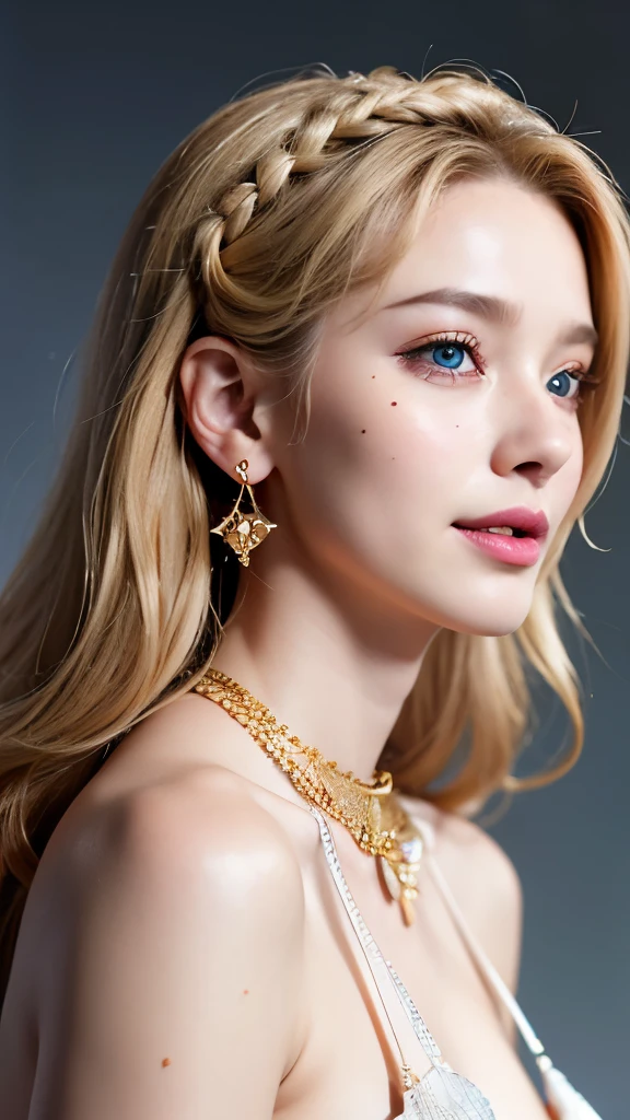 One person, Exposing shoulders, Bellissima, Blonde, blue eyes, Blurred, Blurred background, Braiding, chest, Curly Hair, Earrings, flower, freckles, From the side, jewelry, lips, Long Hair, View your viewers, Look to the side, Mole under the mouth, necklace, Realistic , Simple Background, alone, Upper Body, High resolution, Anatomically correct, accurate, High-resolution model, Very detailed, Textured skin, Open your mouth a little, smile, summer
