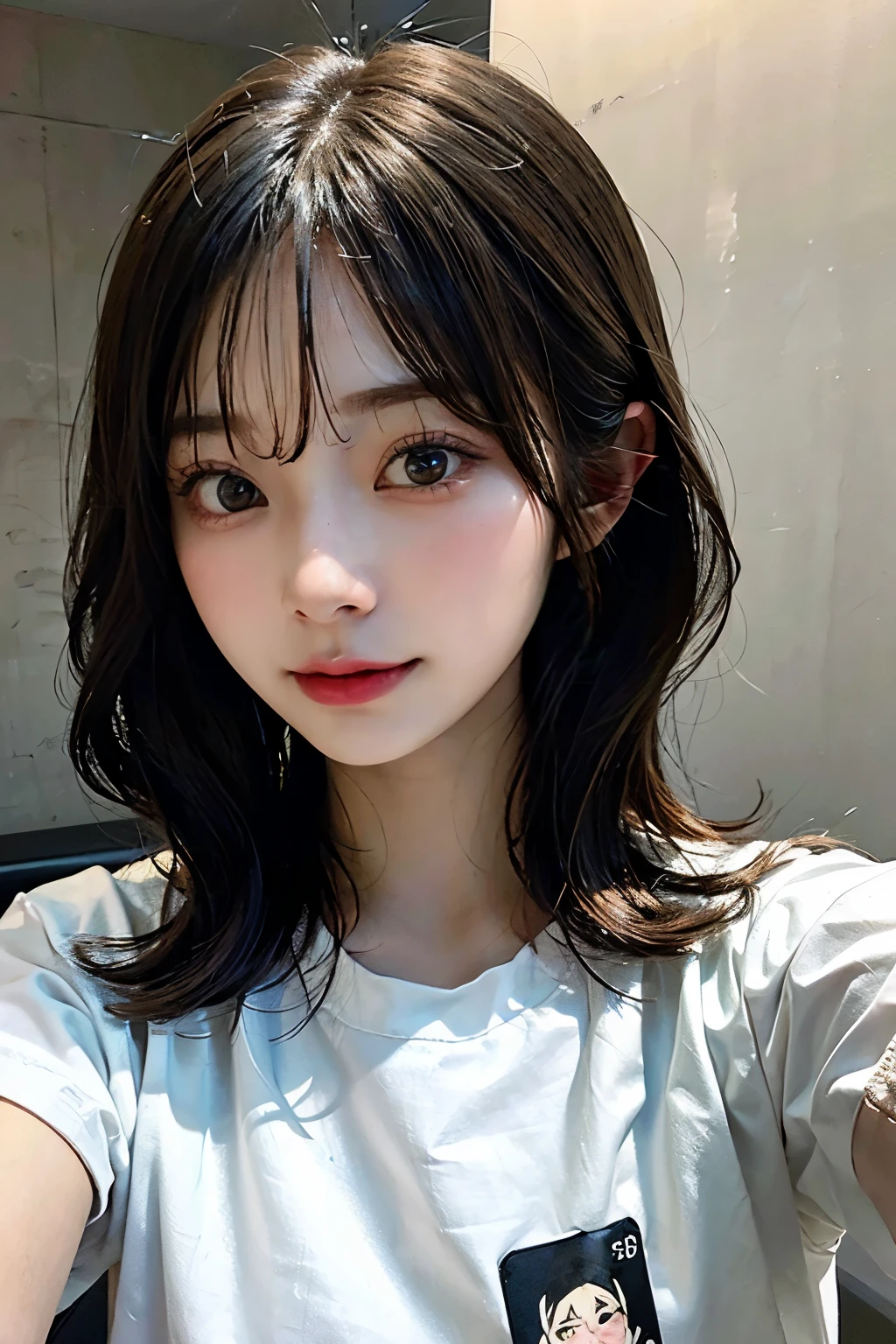 ((best quality)), ((masterpiece)), (detailed), perfect face. Asian girl. Selfie. Blank T-shirt. Wall. Low lighting.